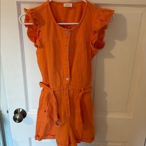 LELIS Orange Ruffle Sleeve Button-Up Romper